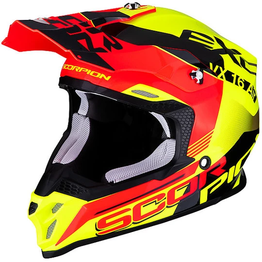 Motocross Helm Cross Enduro Scorpion VX-16 ARHUS Gelb Rot Fluo 1 Motocross Helm Cross Enduro Scorpion VX-16 ARHUS Gelb Rot Fluo